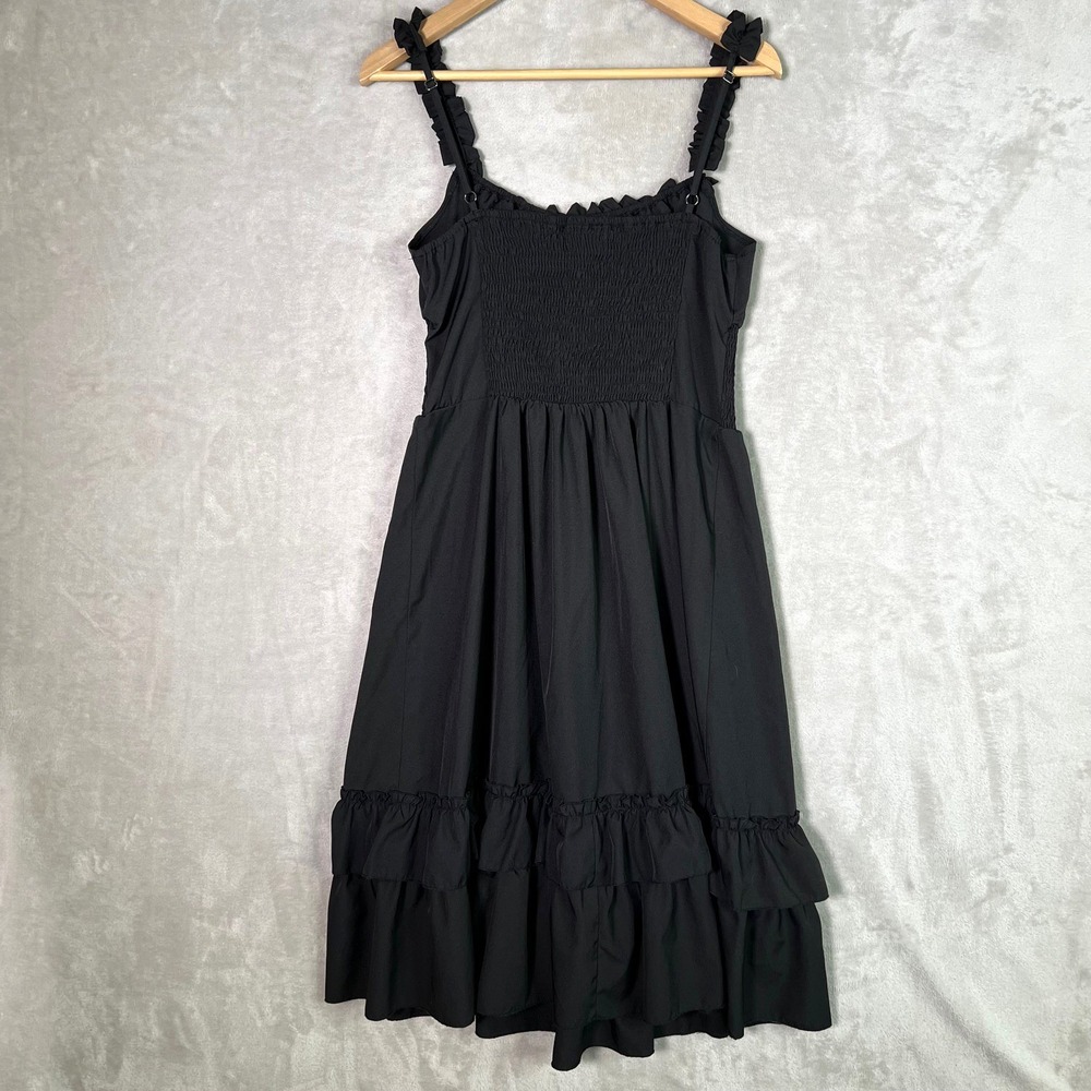 Scarlet Darkness Black Goth Cottagecore Smocked Ruffle Strap Midi Dress L - Picture 2 of 10